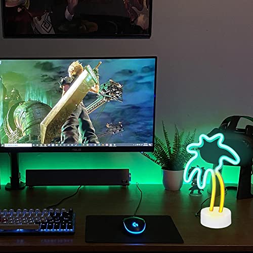 Image of LED Palm Tree Neon Sign - Battery /USB Powered Coconut Tree Light with Stand, Palm Tree Lights Tabletop Lamp for Bedroom, Tropical Hawaiian Tiki Bar Decor, Perfect for Luau Parties & Birthday Gifts