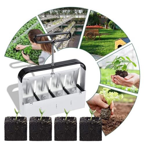 MKNZOME Manueller Quad-Bodenblocker, 4 Gitter Mikro-Bodenblocker-Set Zinkbeschichteter Stahl mit Rutschfestem Komfortgriff Outdoor-Garte für Sämlinge, Stecklinge, Gewächshäuser - 5.2 * 5.2 * 6 cm