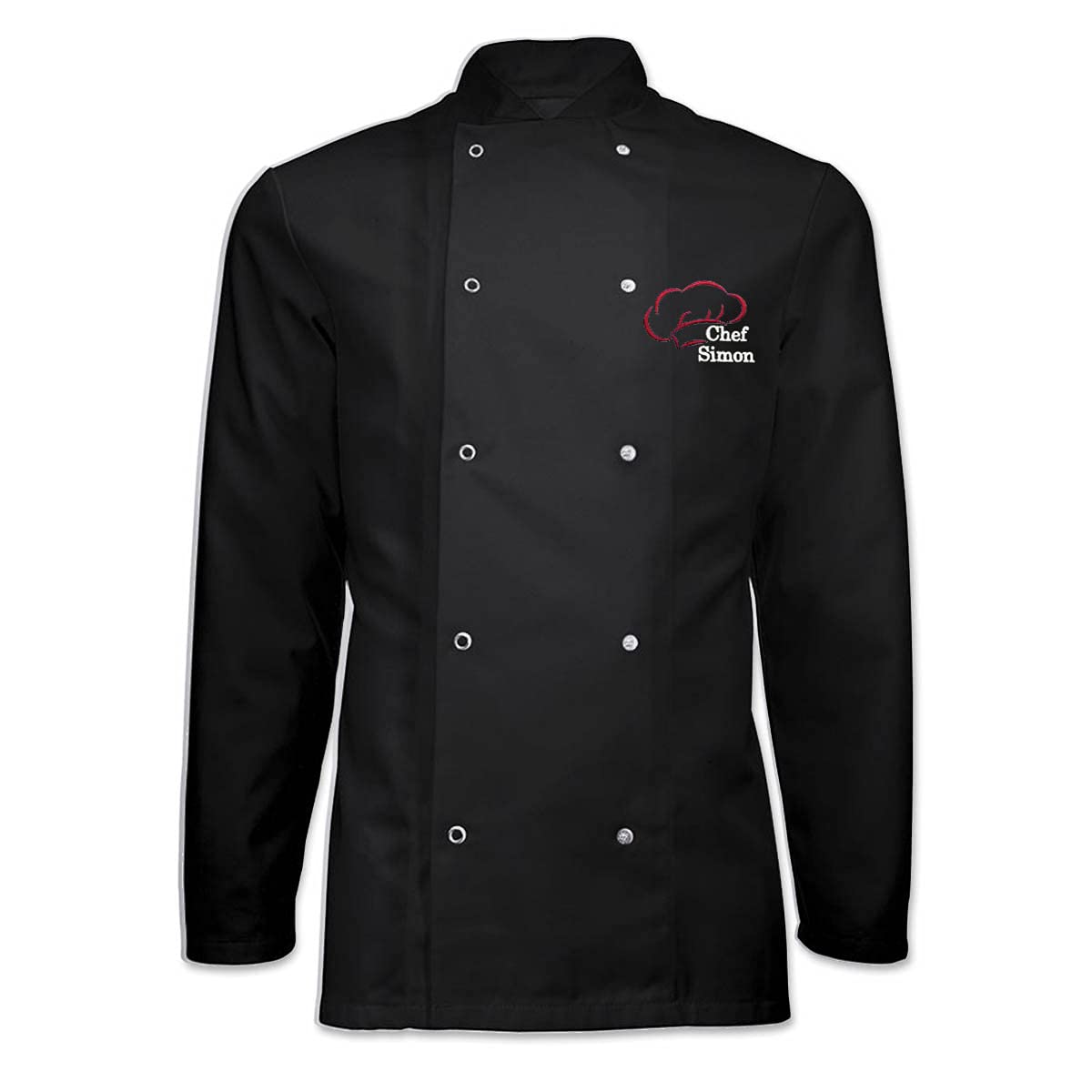 Personalised Custom Embroidered Unisex Long Sleeve Stud Fastening Chef Jacket with Chef Hat Design Logo & Your Name (XS, Black)