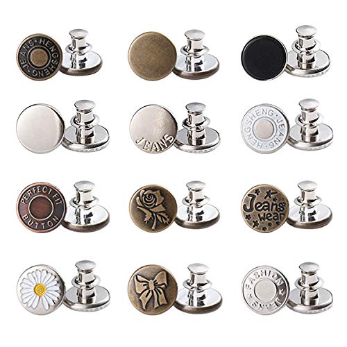 MSDADA 12 Sets 17mm Replacement Button Pins for Jean, Instant Buttons Jean Button, Adjustable Button Pins for Pants, No Sew Metal Clips Snap Tack Extend or Reduce Any Pants Waist