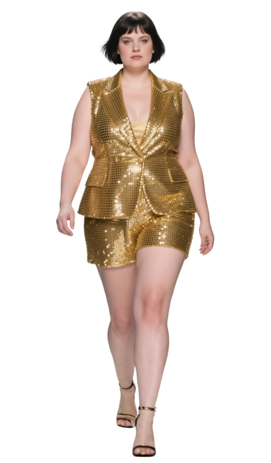 Womens 2 Piece Sequin Vest Outfits One Buttons Sleeveless Blazer Vest Shorts Sets Sparkly Prom Party Vacation Suit