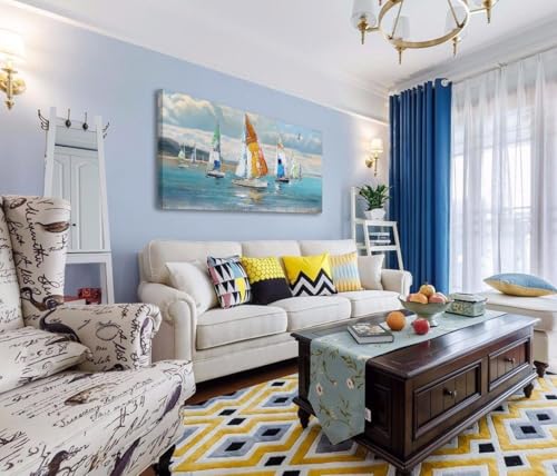 Ardemy Sailboat Wall Art Blue Abstract Canvas Art Ocean Pictures Wall Decor Large Coastal Paintings Nautical Textured Artwork for Walls Living Room Bedroom Home Office,48"x24" - Image 4