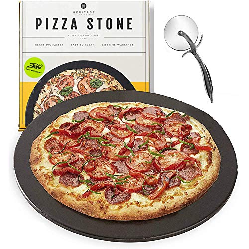 Heritage Black Ceramic Pizza Stone ​Pan ​and Pizza Cutter Wheel ​Set​ - Baking Stones for Oven, Grill & BBQ - ​Stainless​ ​& Nonstick