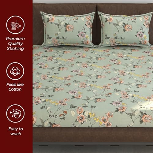 Image of SEJ by Nisha Gupta Bedsheet for Double Bed with Pillow Cover | 300 Tc Cotton Feel Microfibre Floral Printed Soft Bed Sheet & Wrinkle Free | Perfect for Home Decor | Size 230 X 240 Cm Green