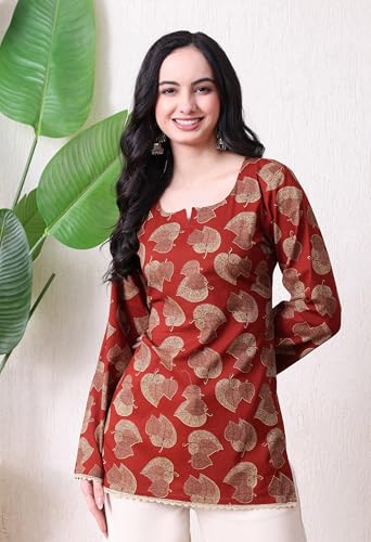 Image of MEERA FAB Women's Floral Printed Cotton Short Top | Floral Printed Kurta with Full Sleeves | Short Kurti for Women