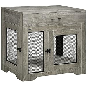 Pawhut dog crate furniture with soft water resistant cushion dog kennel end table with drawer puppy crate for small dogs indoor with 2 doors gray  urban country home decor