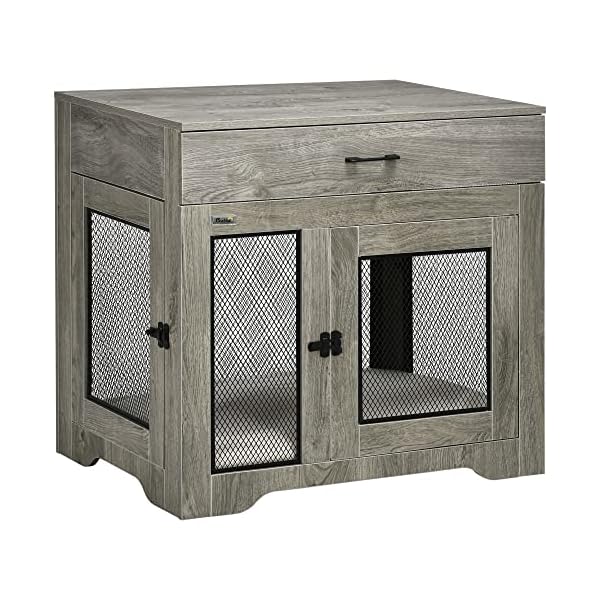 Pawhut dog crate furniture with soft water resistant cushion dog kennel end table with drawer puppy crate for small dogs indoor with 2 doors gray  urban country home decor