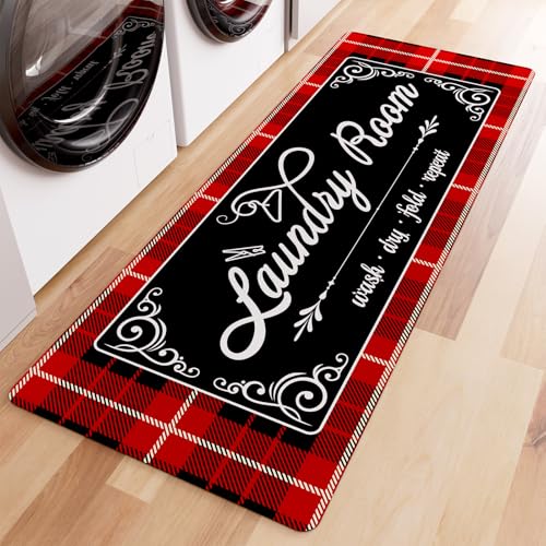 Non-Slip Laundry Room Rug Runner for Christmas Decor 17.3"x47.2" Washable - Bathroom Mudroom Kitchen Mat for Farmhouse Entryway Christmas Decor Christmas Red Buffalo Plaid
