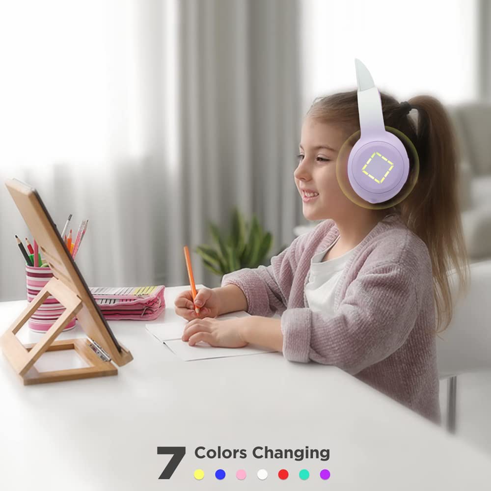 Cuffie Bluetooth cartone animato,con orecchie da gatto con luce a LED,slot per schede SD,jack audio da 3,5 mm,cuffie sovraurali pieghevoli,senza fili e cablate,per bambini,bambine (viola)