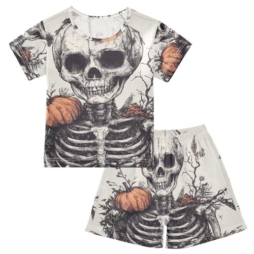 ALAZA Halloween Pumpkins Skeleton Pajama Set Short Sleeve Sleepwear Soft Lounge Nightwear