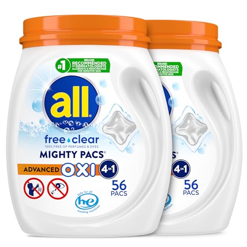 Image of all free clear, Advanced OXI, MIGHTY PACS, Laundry Detergent Pacs, Stainfighting, Unscented and Hypoallergenic for Sensitive Skin, 56 Count (Pack of 2)