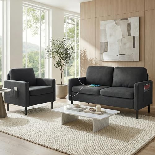 Image of STHOUYN Modern 2-Piece Living Room Set, 56 inch Grey Sofa Loveseat with USB Ports, Small Couch and Chair Set for Small Space, Apartment, Office (Grey, 1 Chair + 1 Loveseat)