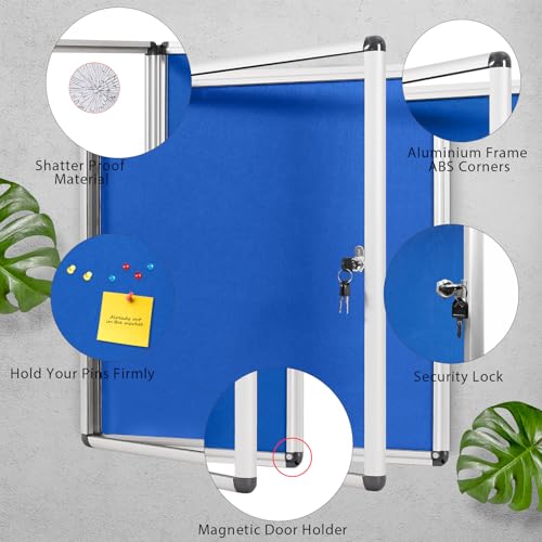 Swansea Glass Enclosed Bulletin Board Blue Felt Pin Boards Tamperproof with Mounting Screws,Indoor Use,28x26 inch (6xA4)