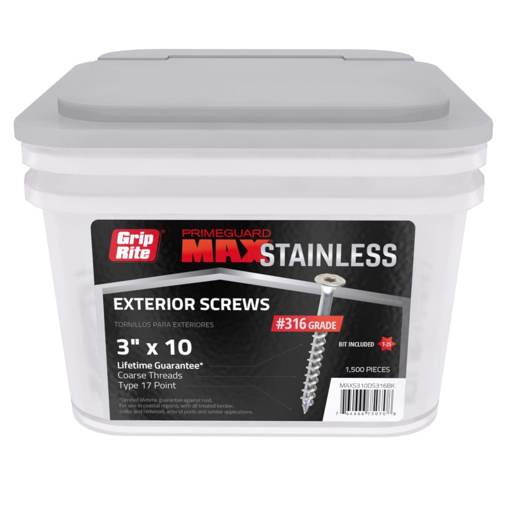 Grip-Rite PrimeGuard Max Deck Screws for Outdoor Projects - Bugle Head - Coarse Thread Wood Screws - T25 Star Drive - 316 Stainless Steel - #10 x 3-1/2" - 1000 Screws - MAXS31210DS3161M
