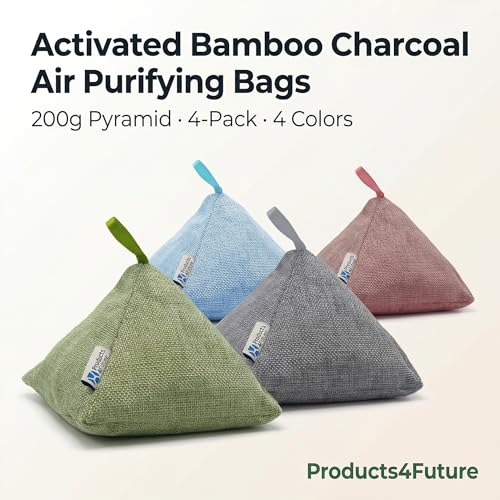 Image of 4 pack Naturally Activated Bamboo Charcoal Air Purifying Bags | Natural Home Deodorizer Bag | Charcoal Bag Odor Absorber For Pets | Odor Eliminator & Moisture Absorber Air Freshener Bag (200g Pyramid)
