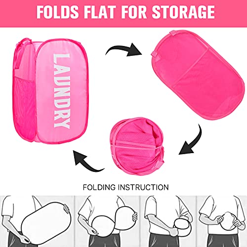 Popup Laundry Hamper, 2 Pack Mesh Hampers For Laundry Collapsible Laundry Basket With Side Pocket Durable Carry Handles Great Laundry Hambers For Kids Room, College Dorm Or Travel (Pink + Blue) #TOP4