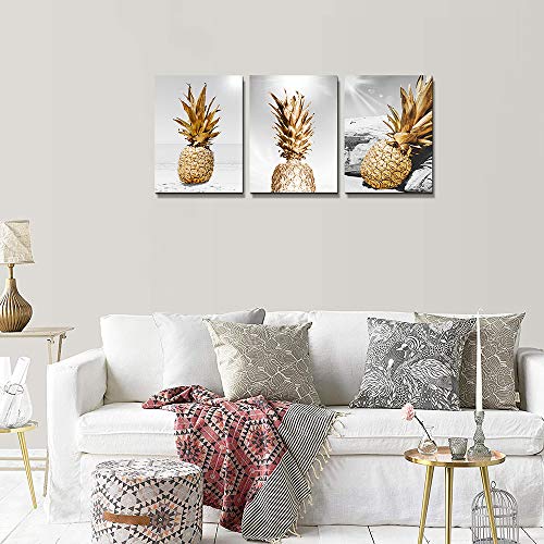 Canvas Wall Art For Bar Kitchen Living Room Office Bathroom Home Decoration Board Black And White Beach Scenery Golden Pineapple Pictures Artwork Restaurant Wall Decor Ready To Hang 12X16Inch 3 Piece #TOP6