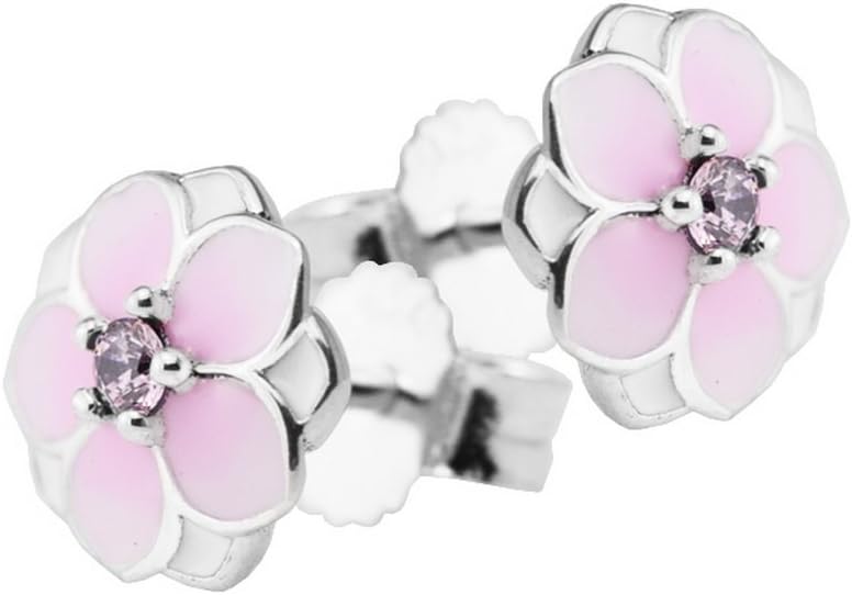 COOLTASTE Spring Collection Pink Magnolia Bloom Stud Earrings 925 Sterling Silver DIY Fits for Original Pandora Fashion Jewelry Women