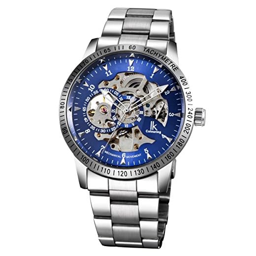 Alienwork IK Automatikuhr Armbanduhr Herren Damen Silber Edelstahl Metallarmband blau Skelett