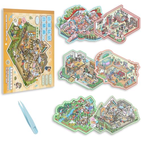 Vicloon DIY 3D House Stickers Scene Kit, 6 Sets 3D Miniature Scene Sticker for Adults Kids, Sticker Therapy, Stress Relief Creative Scene Stickers Book with Tweezers, Gift for Adults Kids Teens