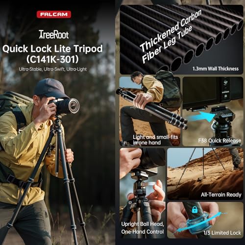 Image of FALCAM TreeRoot F38 Quick Lock Lite Carbon Fiber Travel Tripod with Ball Head Load Capacity 3kg /6.6lbs, Max Vertical Payload 40Kg /88lbs for Cameras, All-Terrain Stability (C141K-301)