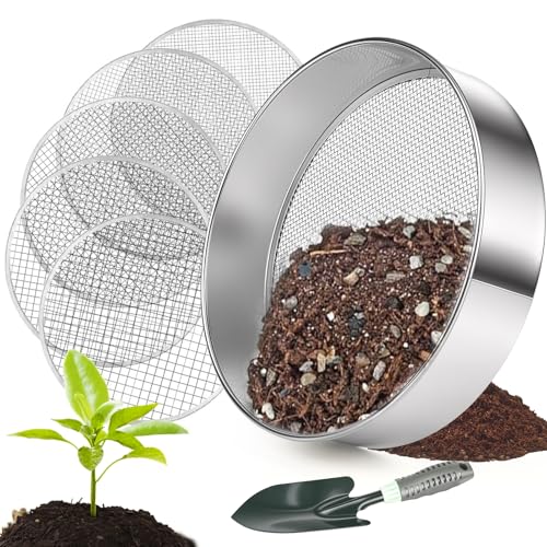 Gaethra Gartensieb 30cm Erdsieb mit 5 austauschbaren Siebeinsätzen und Schaufel Rostschutz Kompostsieb aus Edelstahl für Erde Kompost Sandfelsen Saatgut