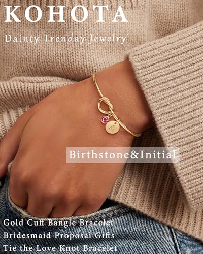 Initial Birthstone Gold Bracelets for Women Bridesmaid Proposal Gift Tie the Love Knot Cuff Bangle Bracelet 14K Gold Plated Adjustable Birthstone Bracelets Personalized A-Z Initial Charm Birthday Gift2