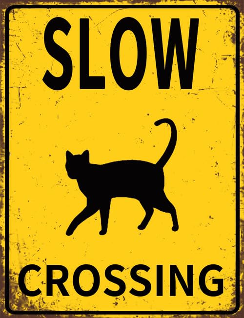 Slow Down – Cat Crossing Sign, divertente targa in metallo per fattoria, strada, giardino, prato, cortile, in alluminio robusto, antiruggine, decorazione per interni ed esterni, 14 x 20 cm