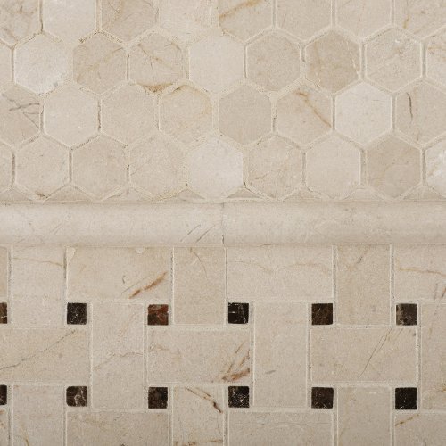 Crema Marfil Polished Basketweave Mosaic Tile W/ Emperador Dark Dots - Box Of 5 Sq. Ft. #TOP7
