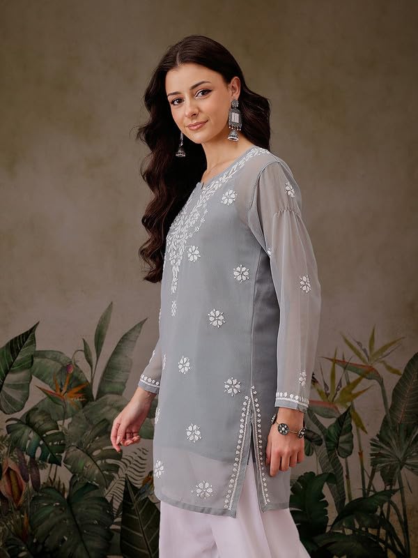 Image of Ada Women's & Girl's Georgette Hand Embroidered Lucknow Chikankari Regular Fit Short Kurti Top with Slip A911300
