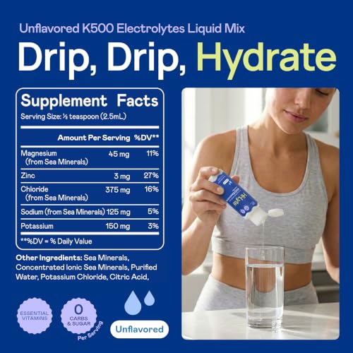 Image of Hi-Lyte K500 Electrolytes Liquid Mix, Unflavored, 20 Servings | 500mg Potassium, Zero Sugar, No Stevia, Non-GMO, Vegan, Gluten-Free, No Maltodextrin, Keto-Friendly, Blended in USA