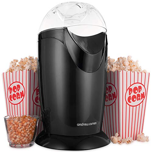 Andrew James Popcorn Maker Machine Healthy Air Popper Popcorn Machine with 8 American Cinema Style Boxes 1200W Black