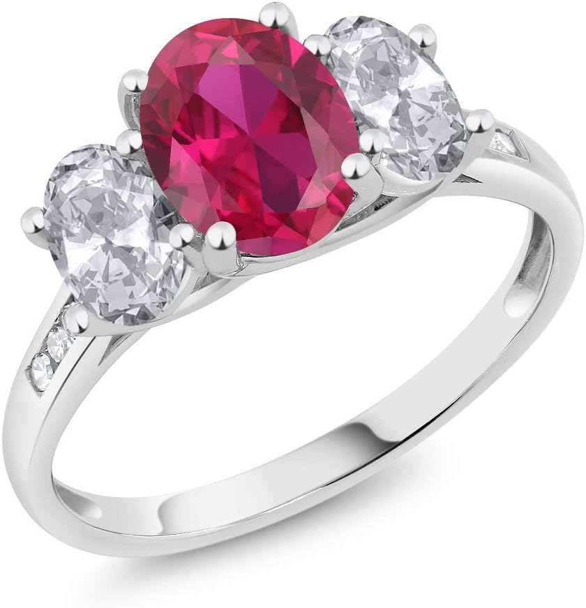 Gem Stone King 2 Cttw 10K White Gold Gemstone Birthstone White Topaz and Diamond Accents 3-Stone Wedding Anniversary Engagement Ring For Women | Oval 8X6MM and 6X4MM | Size 5-9
