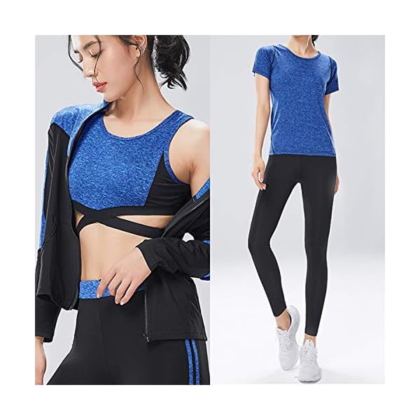 Womens Yoga Gym Suit Tights Sportswear Training Wear Running Suit Fitness Series - 5pcs Set (Large, Blue)