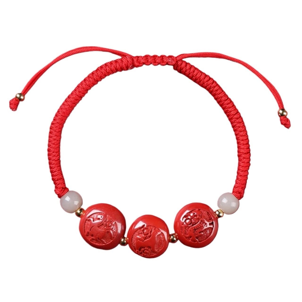 Nzpost Tiger Horse Dog_jade Bracelet, Natural Cinnabar Carved Zodiac S Lucky Charm Hand Woven Rope Red String Adjustable Bracel
