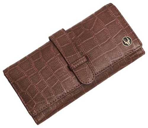 Image of WildHorn Women's Genuine Leather RFID Blocking Wallet | Tri-Fold High-Capacity Ladies Purse with Card Slots, Zipper Coin Pocket & Snap Closure | Ideal Gift for Women (Maroon Croc)