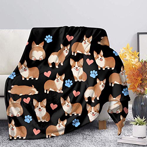 SEANATIVE Cartoon Corgi & schwarze Decke für Erwachsene und Kinder, bequemer Überwurf, Tierdecke für Sofa/Couch/Wohnzimmer, Größe XXL Cover
