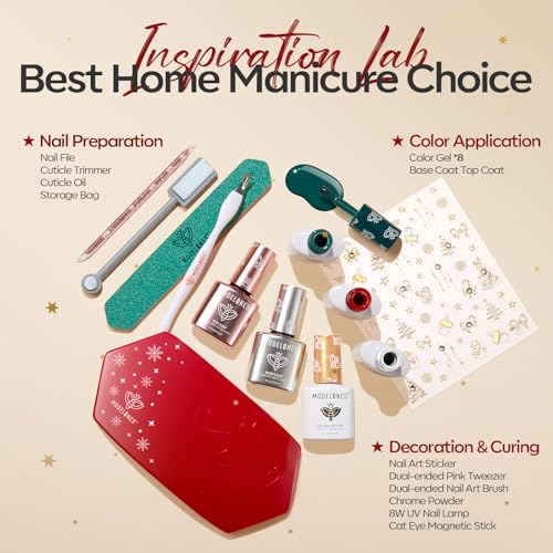 Image of modelones Gel Nail Polish Kit with U V Light, 23 PCS Gel Nail Kit with White Red Cat Eye Green Pink Silver Sparkle Colors Base Top Coat Cuticle Oil Magnet Manicure Tools Stickers Chrome Powder Gift