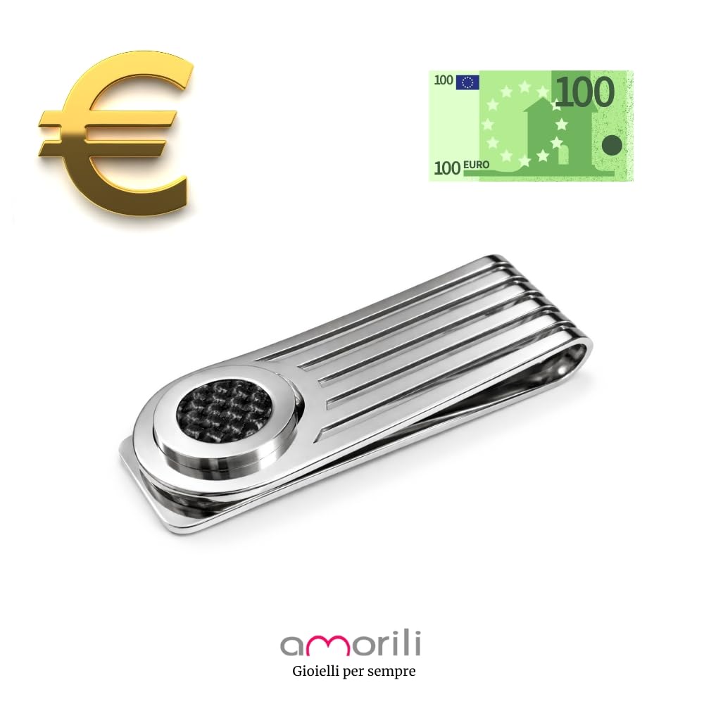 Fermasoldi Uomo in Acciaio Inox con Fibra di Carbonio – Accessorio Moderno ed Elegante – Clip Ferma Banconote a Molla per Soldi – Idea Regalo Uomo