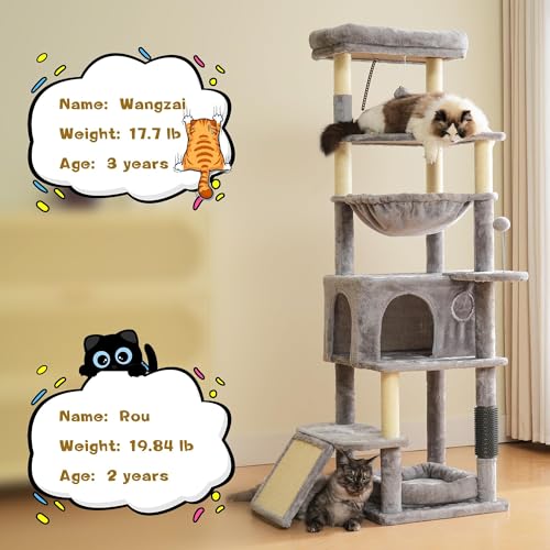 Image of Multi-Level Large Cat Tree, 66 Inches Tall Cat Tower with Scratching Posts, Condo, Hammock, Dangling Ball,and Extended Platform for Cats to Play and Sleep,Gray Cat Bed