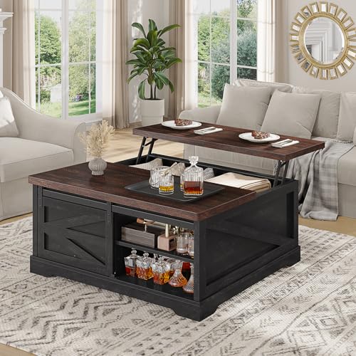Itaar 39.4'' Lift Top Coffee Table with Storage, Farmhouse Coffee Tables for Living Room, Square Coffee Table with Large Hidden Compartment & 2 Drawers & Adjustable Shelves, Black+Walnut - Image 4