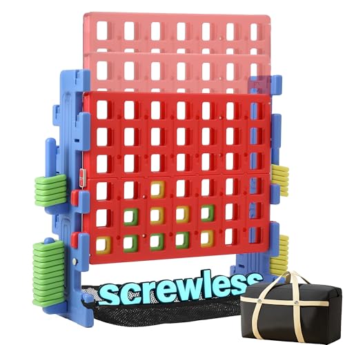 SDADI Screwless Giant 4-in-a-Row Game Set with Block-Style Assembly Adjustable Height 4-to-Score Connect Game Portable Family Yard Game for Indoor & Outdoor Play