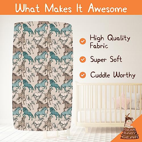 Image of Dear Baby Gear Baby Crib Sheets - Toddler Bed Sheets - Breathable Fitted Bed Sheet - Nursery Bedding - Crib Mattress Sheet for Girls & Boys - 52x28x10 (Tan Teal and Cream Horses on Natural Print)