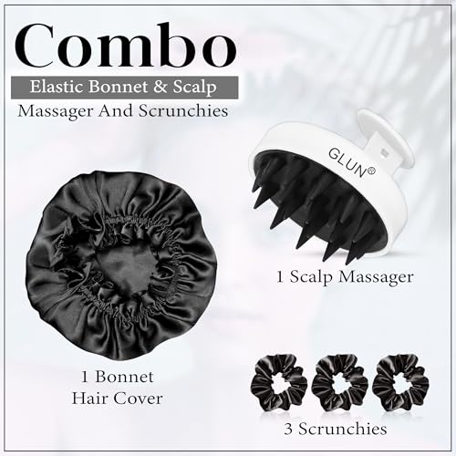 Image of GLUN Anti-Dandruff Round White Scalp Massager with Elastic Closing Zed Black Hair Bonnet Cap with 3 Satin Scrunchies Combo, Treatment Accessories for Hairs