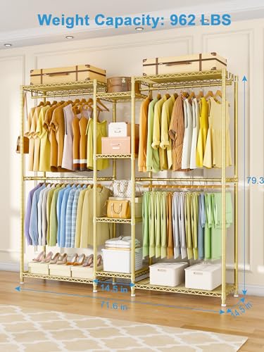 Ulif E4 Clothes Rack, Heavy-Duty Garment Rack, Metal Freestanding Clothing Organization Storage System Can Be L-Shaped with Shelves and Hangers, Max Load 962lbs, 71.6" W x 14.5" D x 79.3" H, Gold - Image 4