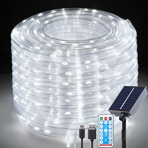 Fonysien 20M 200LEDs Tube de Lumière Solaire Extérieure, Étanche Guirlande Tube Solaire & USB avec 8 Modes Télécommande LED Guirlande Lumineuse Tube pour...