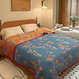 リバーシブル イチョウキルト 軽量 コットン モスリン ベッドスプレッド ソフト 通気性 ベッドカバー オールシーズン クイーンサイズ 寝具 洗濯機洗い可能 キルトスローブランケット ベッド、カウチ用