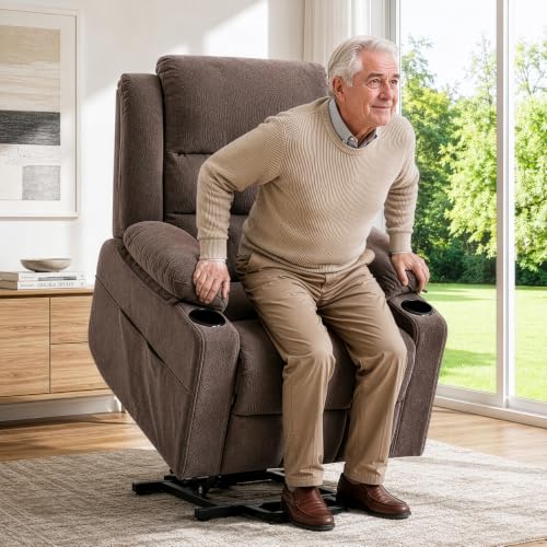 Image of Power Lift Recliner Chair for Elderly Adults with Massage and Heat, Fabric Electric Recliner Sofa with Side Pocket, Two Cup Holders for Living Room L9912 (Brown)