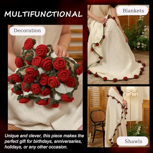 Manta de ganchillo de rosas hecha a mano chal floral lavable para sofa de 150 cm 4