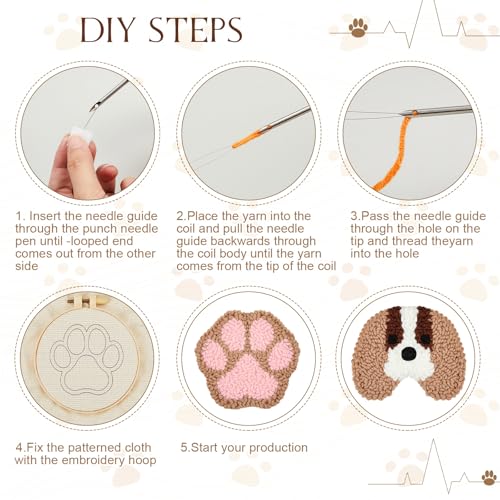 Image of Preboun 8 Pcs Puppy Punch Needle Coaster Kit, Dog Punch Needle Embroidery Kit for Adults Beginners, DIY Felting Set Supplies Tufted Coaster Including Yarns Hoop Tools Instruction